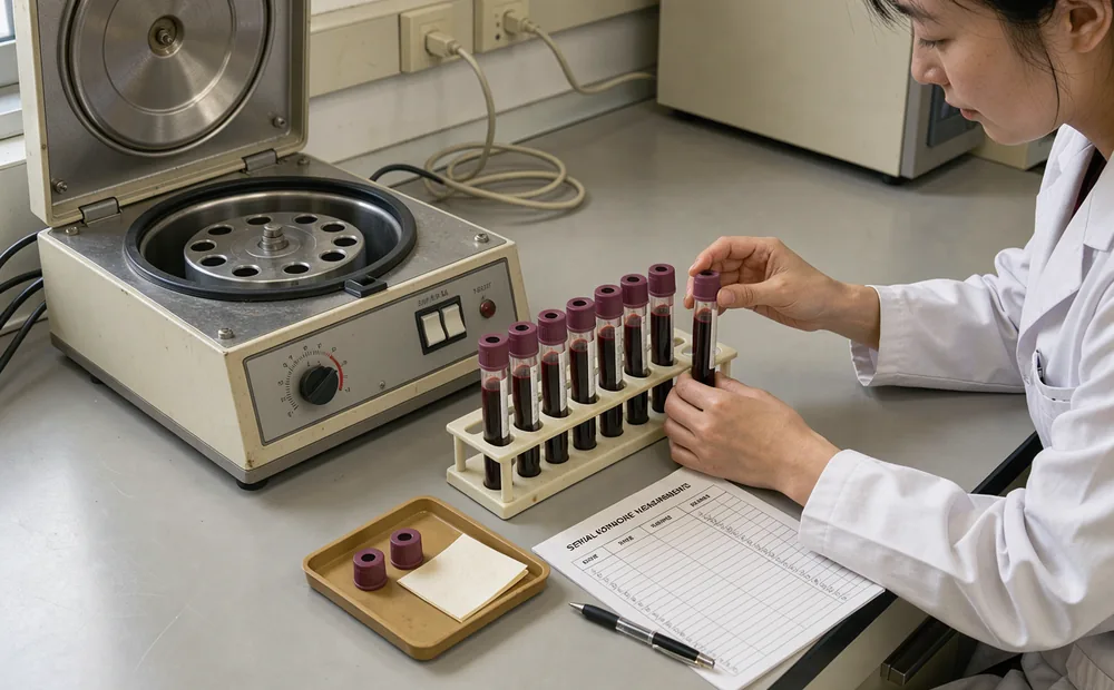 A technician arranging capped blood collection tubes beside a laboratory centrifuge