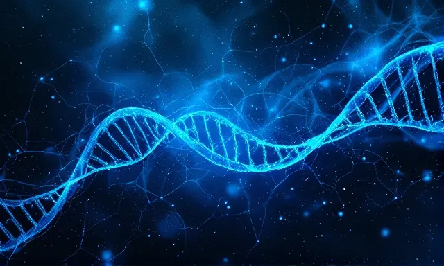 MOTS-c research illustration — abstract cool scientific motif in steel blue
