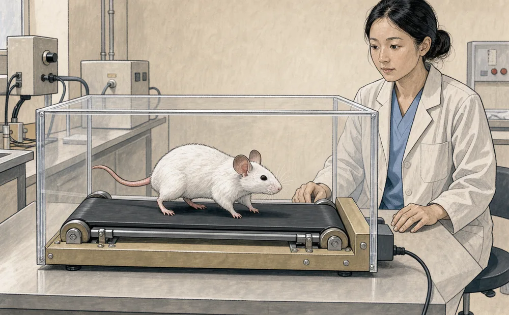 A laboratory mouse walking on a small enclosed treadmill while an animal-care technician watches
