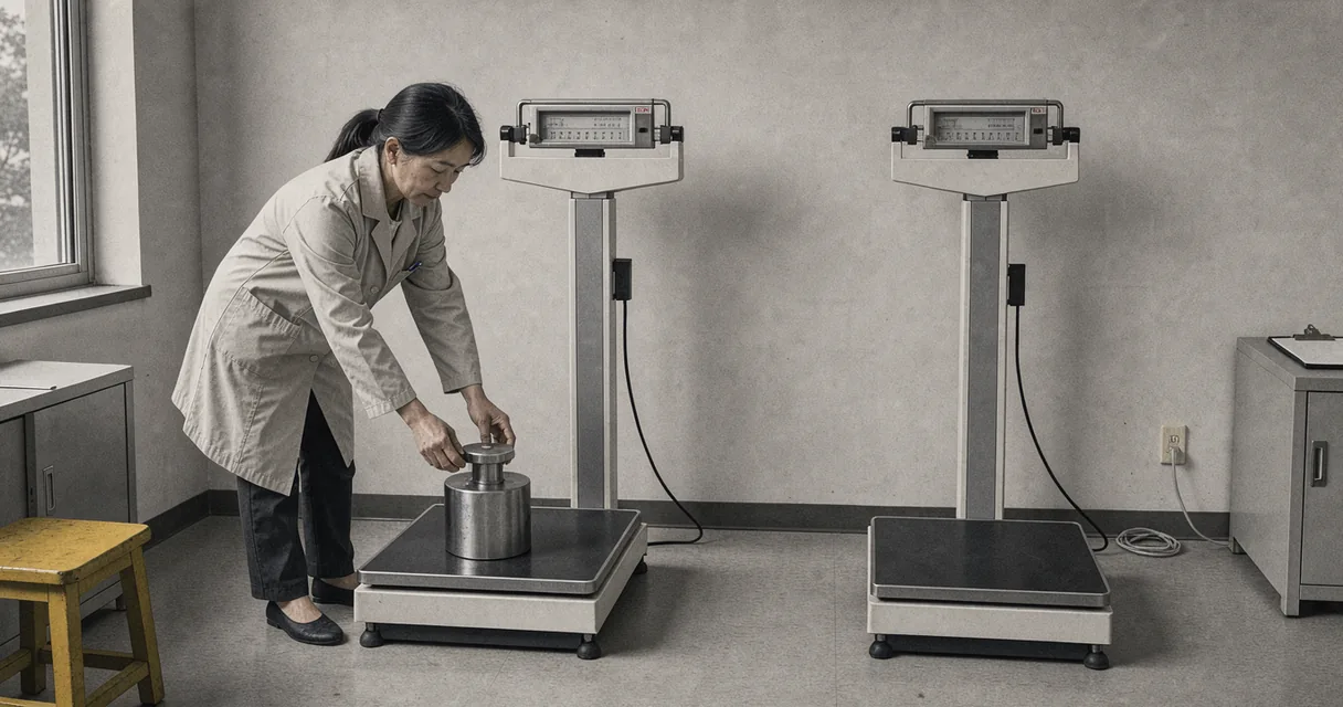 A technician calibrating one of two empty weighing stations in a pale measurement room